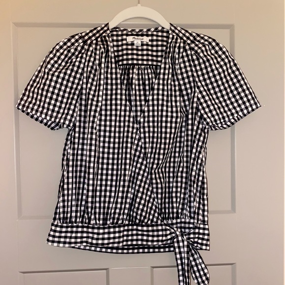 🌻 Madewell Short-Sleeve Cropped Wrap Top in Black/White Gingham Check - XS / M - Picture 5 of 10